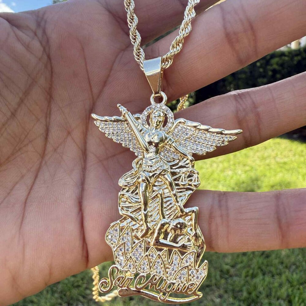 San Miguel St Michael Archangel Bling Crystal Pendant Miami Rope Torch Necklace